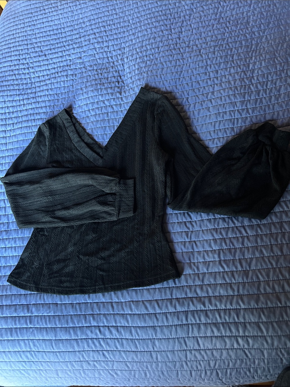 Black V-Neck Pintuck Blouse with Balloon Sleeves